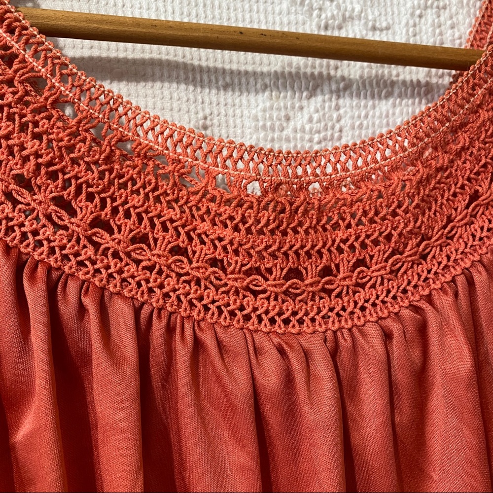 Vintage 70's Pleated Maxi Dress Off the Shoulder Sleeve Crochet Trim Satin - Picture 9 of 16